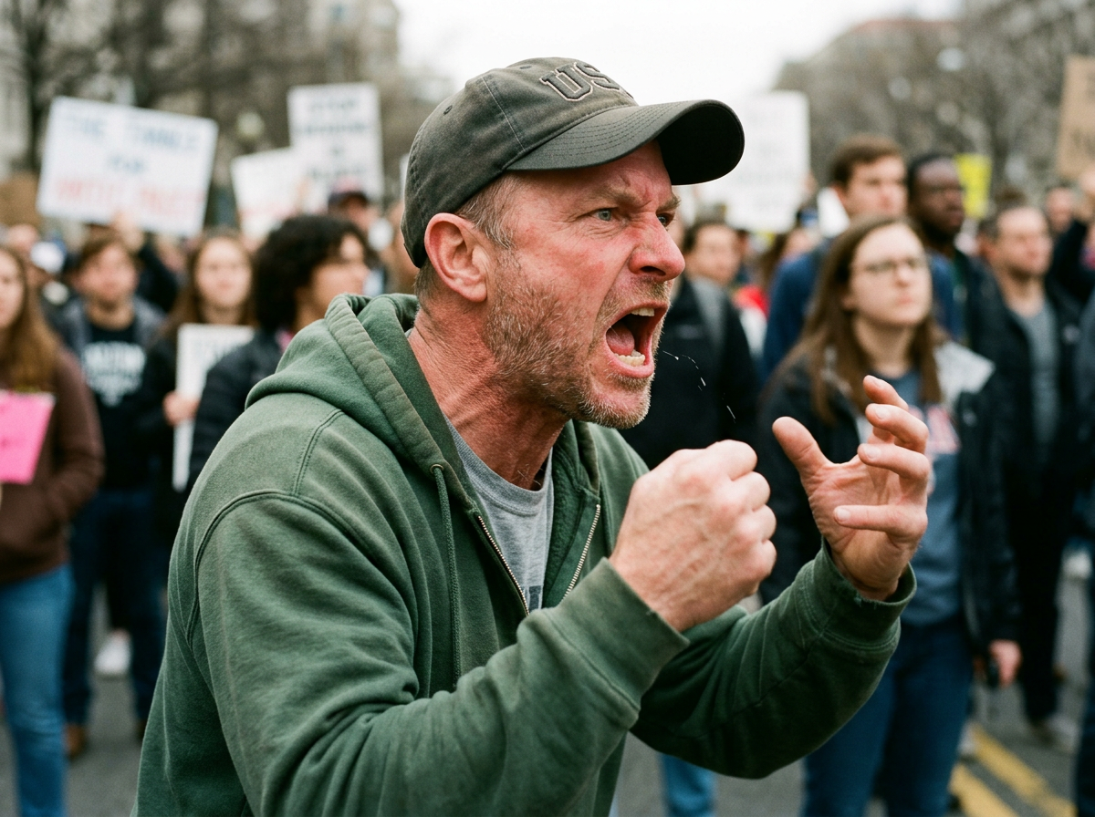 Middle-aged man yelling with clenched fists at a protest crowd