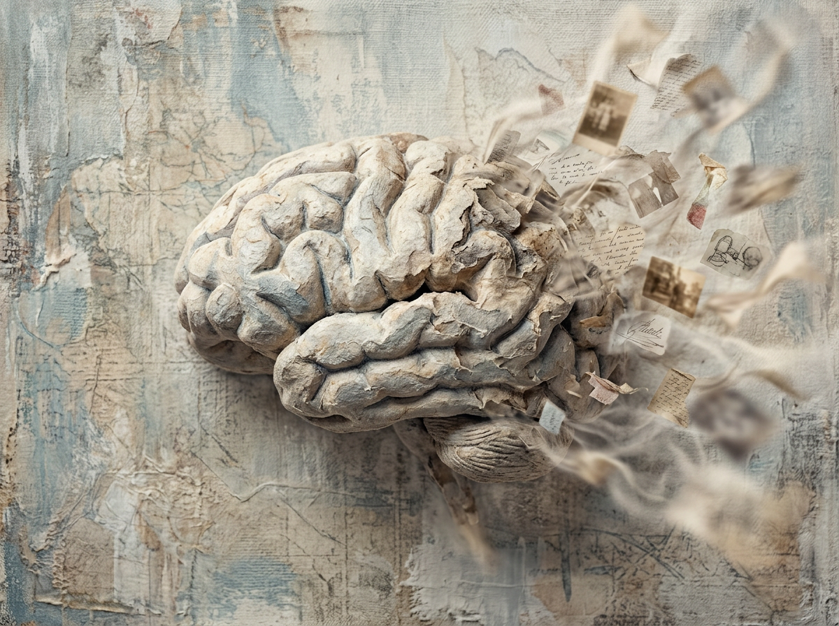 Brain releasing fragments of papers and photographs symbolizing memory loss