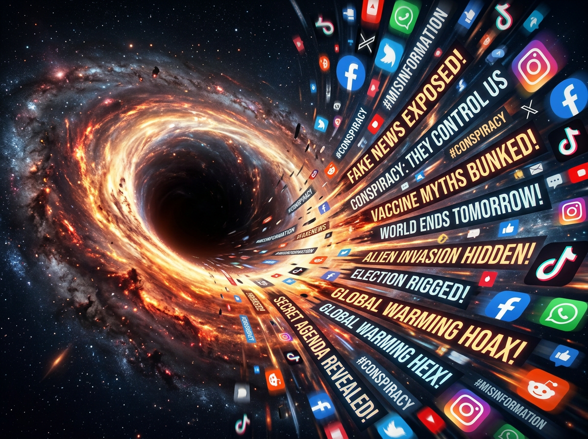 Black hole engulfing social media posts with conspiracy theories and misinformation
