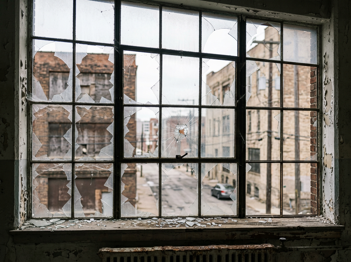 Broken window panes looking out onto deserted urban street and old brick buildings