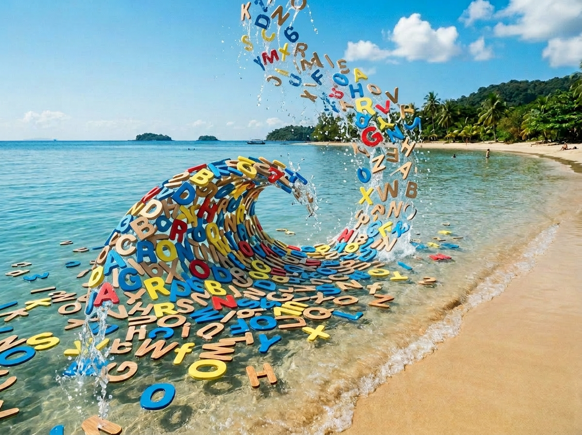 Colorful wooden alphabet letters floating in clear shallow ocean water by sandy shore
